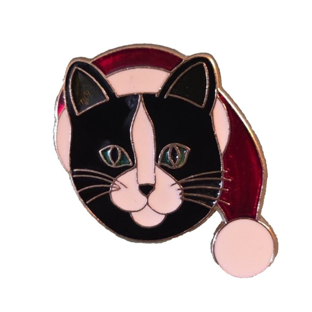 Kitty Cat Pin Brooch Gold Tone in Santa Hat Cap 1” Cloisonne Enamel Signed
